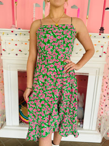 Green & Pink Floral Midi Dress