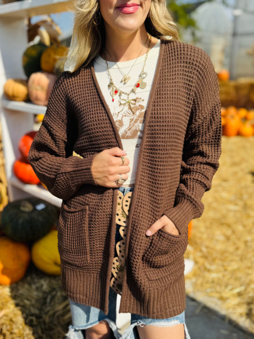 Brown Waffle Knit Cardigan
