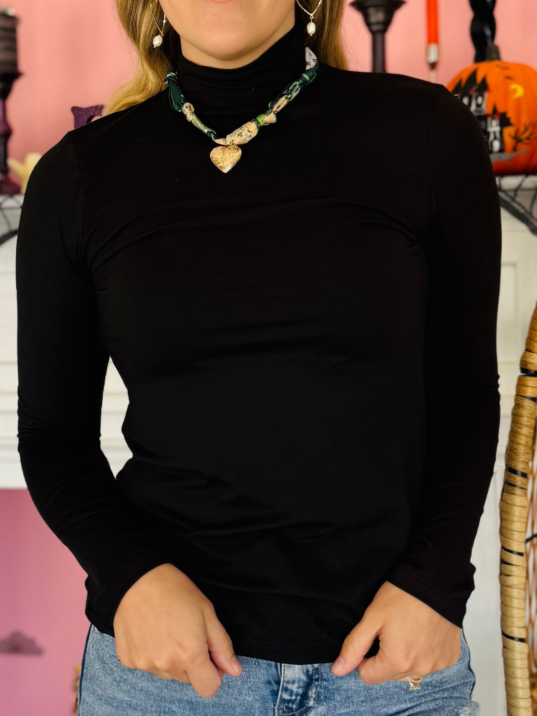 Black Long Sleeve Mock Neck Top