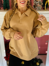Tan Quater Button Collared Sweatshirt