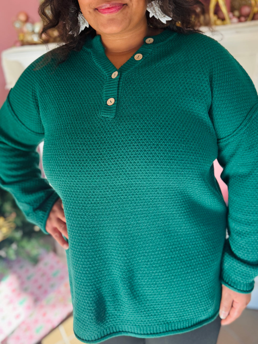 Hunter Green Quarter Button Sweater