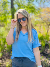 Blue Ribbed V-Neck Top