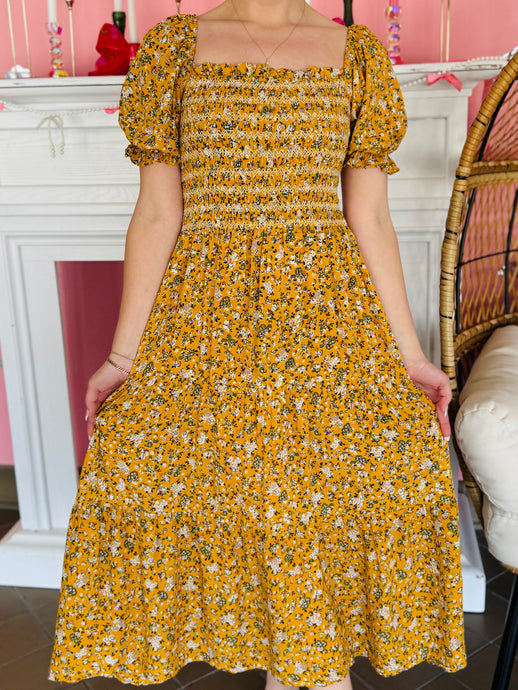 Yellow Smocked Floral Maxi Dress
