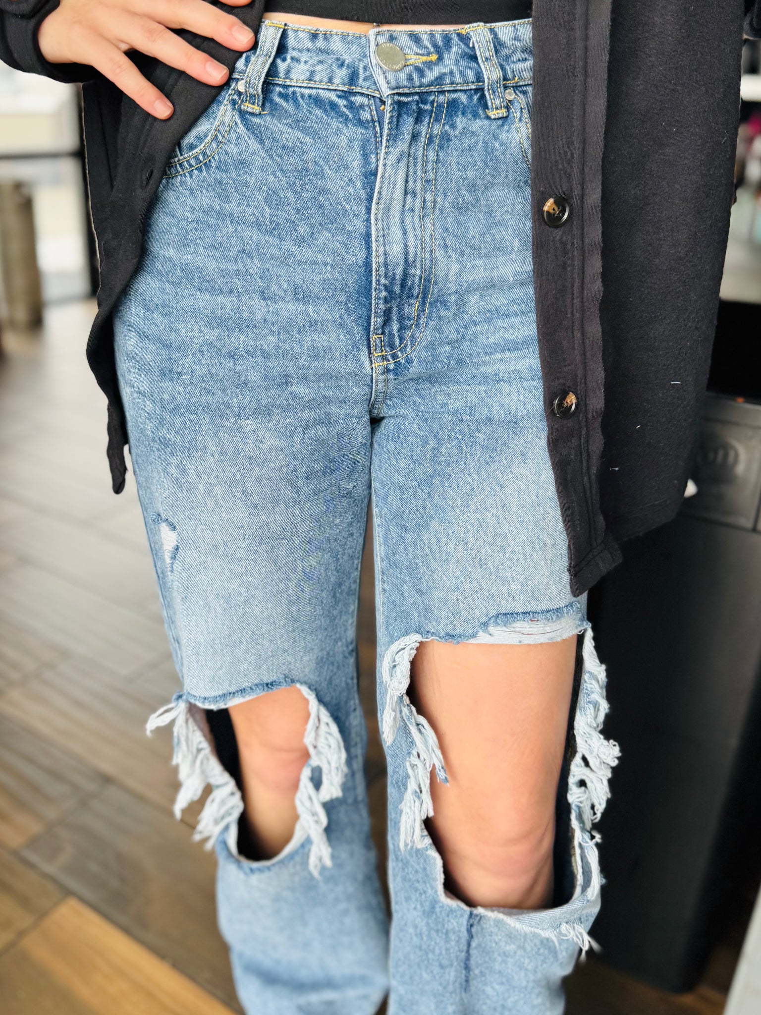 TheMogan Women's Distressed Boyfriend Jeans – Washed Denim, Mid Rise, 100% Cotton
