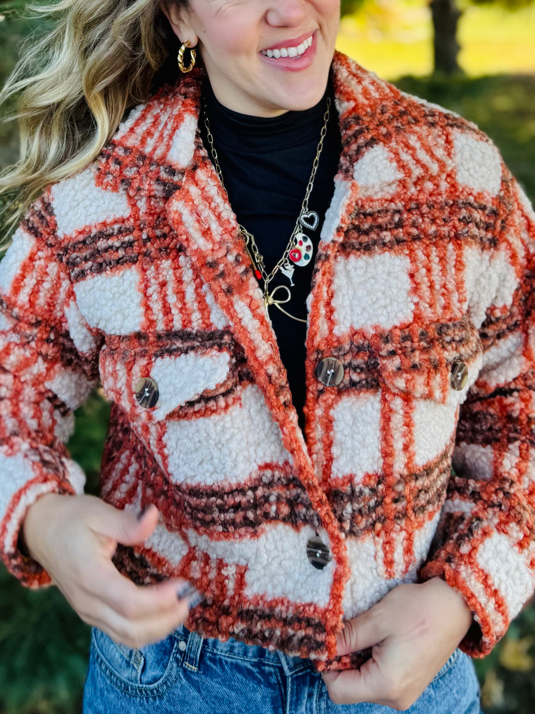 Fall Plaid Sherpa Cropped Jacket