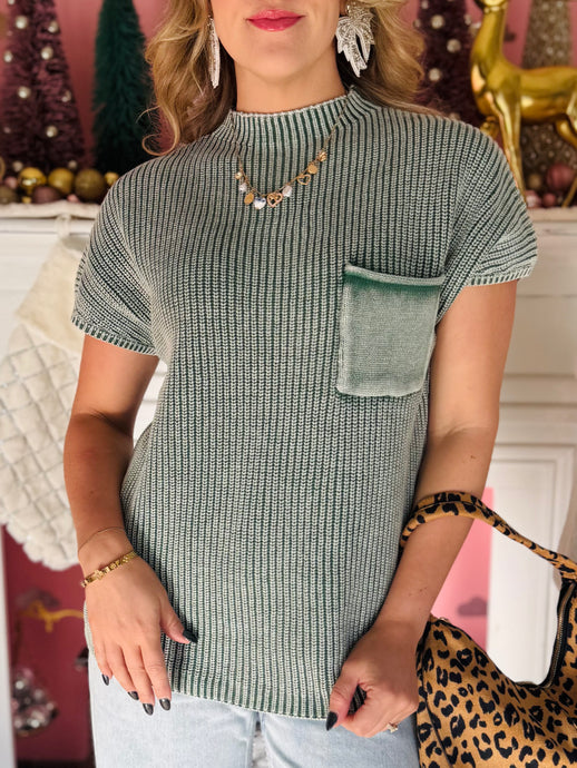 Green Washed Mock Neck Short Sleeve Sweater