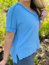 Blue Ribbed V-Neck Top