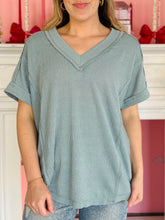 Blue Ribbed V-Neck Top
