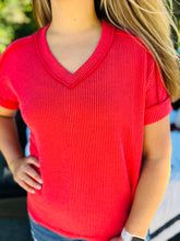 Red Ribbed V-Neck Top