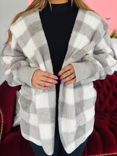 Grey Check Fluffy Cardigan