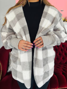 Grey Check Fluffy Cardigan