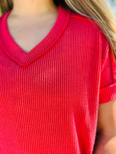 Red Ribbed V-Neck Top