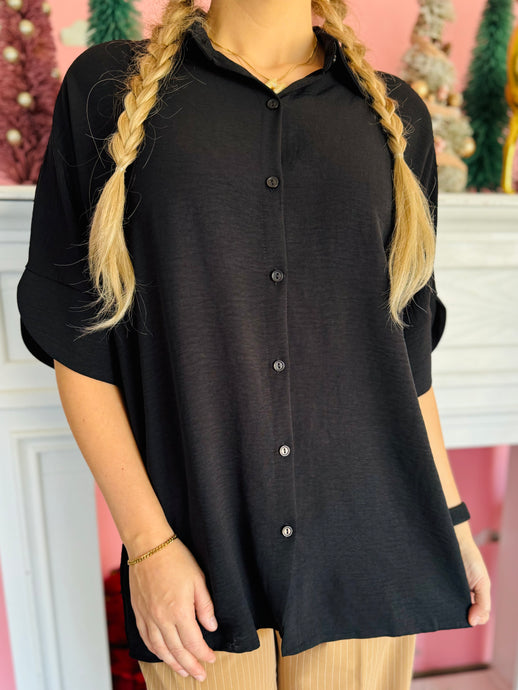 Black Flowy Button Top