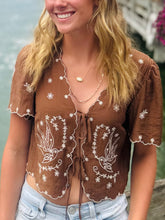 Brown Embroidered Bird Short Sleeve Top