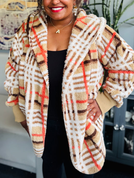 Fall Tan Plaid Fluffy Cardigan