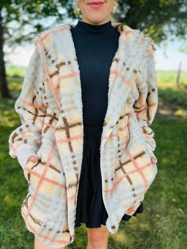 Cream Plaid Fluffy Cardigan