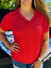 Red Ribbed V-Neck Top