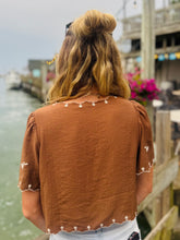 Brown Embroidered Bird Short Sleeve Top