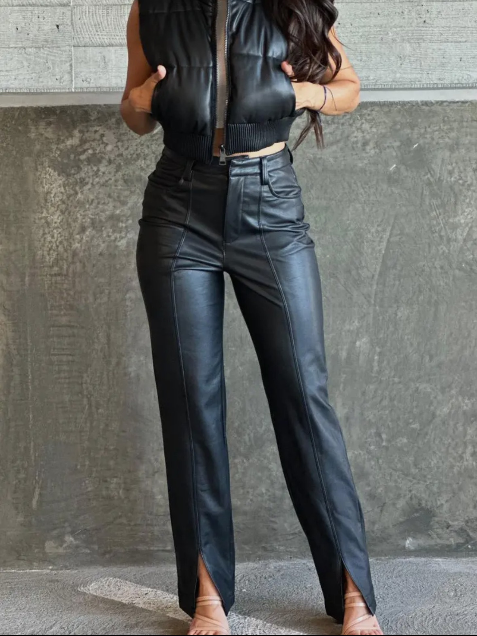 スラックス Fake lether Both sides slit flare pants Faux Leather Front Slit Pants – Brick and Motor Boutique