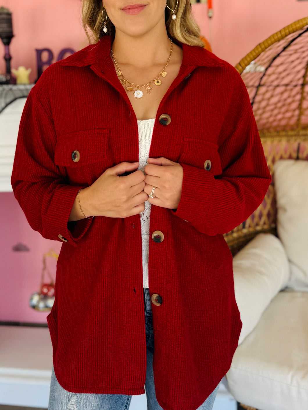 Soft Red Waffle Shacket