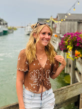 Brown Embroidered Bird Short Sleeve Top