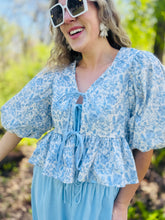 Blue Floral Print Puff Sleeve Top