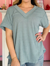Blue Ribbed V-Neck Top