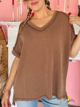 Brown Ribbed V-Neck Top