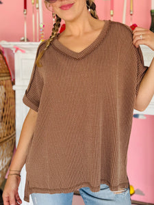 Brown Ribbed V-Neck Top
