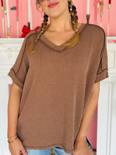 Brown Ribbed V-Neck Top