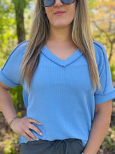 Blue Ribbed V-Neck Top