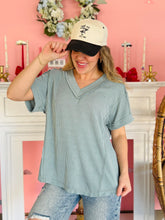 Blue Ribbed V-Neck Top