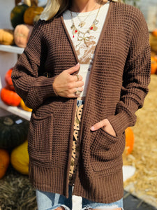 Brown Waffle Knit Cardigan