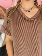 Brown Ribbed V-Neck Top