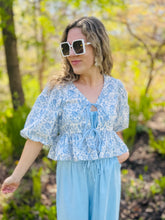 Blue Floral Print Puff Sleeve Top