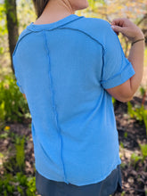 Blue Ribbed V-Neck Top