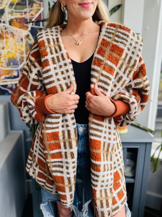 Fall Rust Plaid Fluffy Cardigan