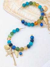 Blue Ocean Charm Beaded Hoop Earrings