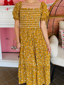 Yellow Smocked Floral Maxi Dress
