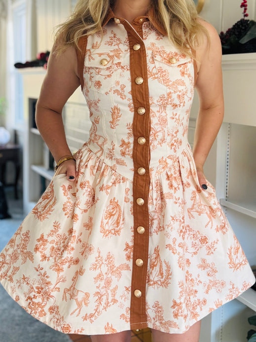 Camel Toile Print Button Dress