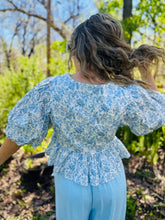 Blue Floral Print Puff Sleeve Top