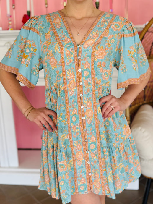 Teal Boho Button Dress