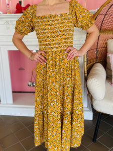 Yellow Smocked Floral Maxi Dress