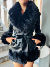 Fur Trim Black Leather Coat