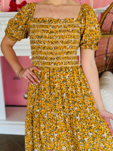 Yellow Smocked Floral Maxi Dress