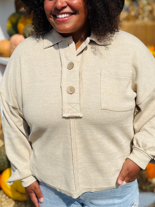 Khaki Collared Knit Long Sleeve