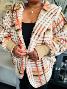 Fall Tan Plaid Fluffy Cardigan