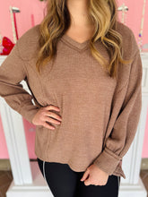 Plus Size Brown V-Neck Long Sleeve Top
