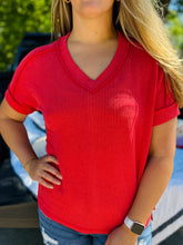 Red Ribbed V-Neck Top