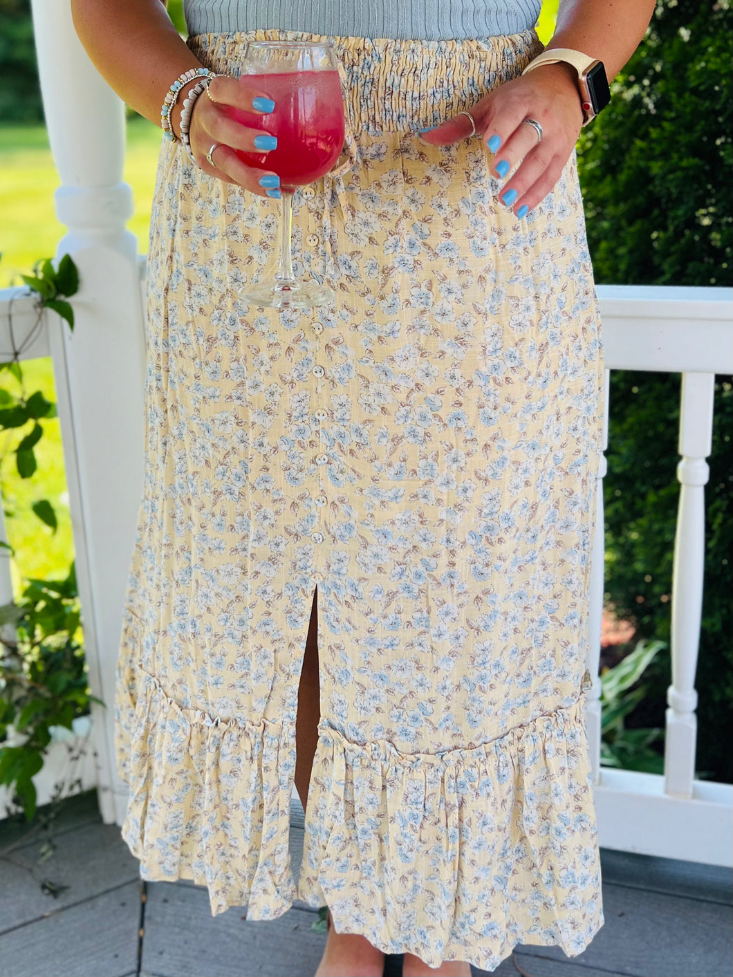 Pastel Yellow Floral Midi Skirt